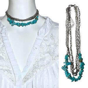 Faux Turquoise Silver Tone Chain Layered Choker Claire’s Necklace Boho 12-14”